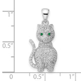 Polished Green White CZ Cat Charm Pendant in Real 925 Sterling Silver