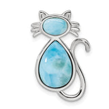 Polished Larimar Cat Chain Slide Charm Pendant in Real 925 Sterling Silver