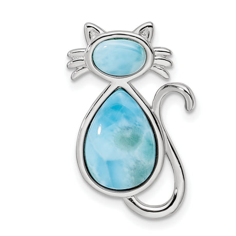 Polished Larimar Cat Chain Slide Charm Pendant in Real 925 Sterling Silver