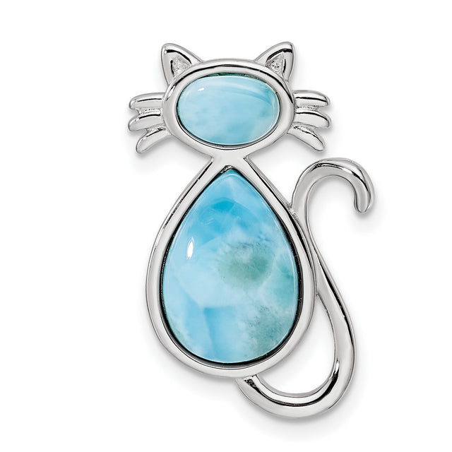 Polished Larimar Cat Chain Slide Charm Pendant in Real 925 Sterling Silver