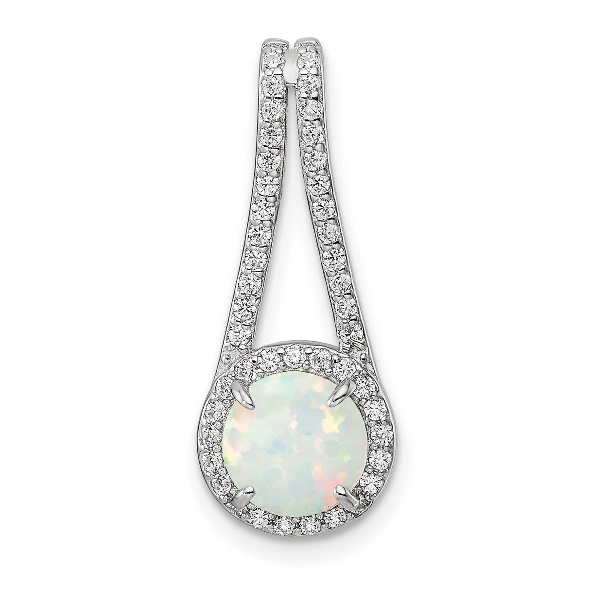 Sterling Silver Pendant with Round Lab Created Opal, Cubic Zirconia Halo, Split Bail Design