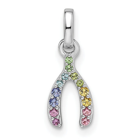 Sterling Silver Wishbone Pendant with Multicolor Crystals, Symbol of Hope and Luck for Women