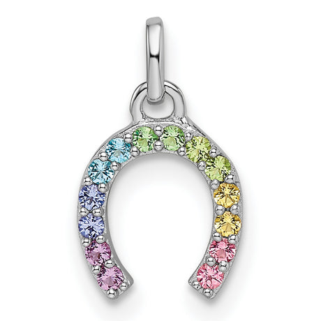 Sterling Silver Horseshoe Pendant with Multicolor Cubic Zirconia, Rainbow Good Luck Charm