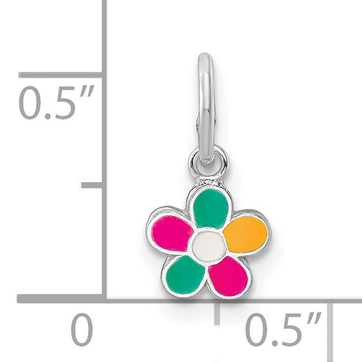 Sterling Silver Flower Charm Pendant with Pink, Green, and Yellow Enamel Petals
