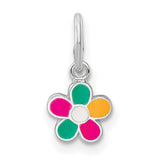 Sterling Silver Flower Charm Pendant with Pink, Green, and Yellow Enamel Petals
