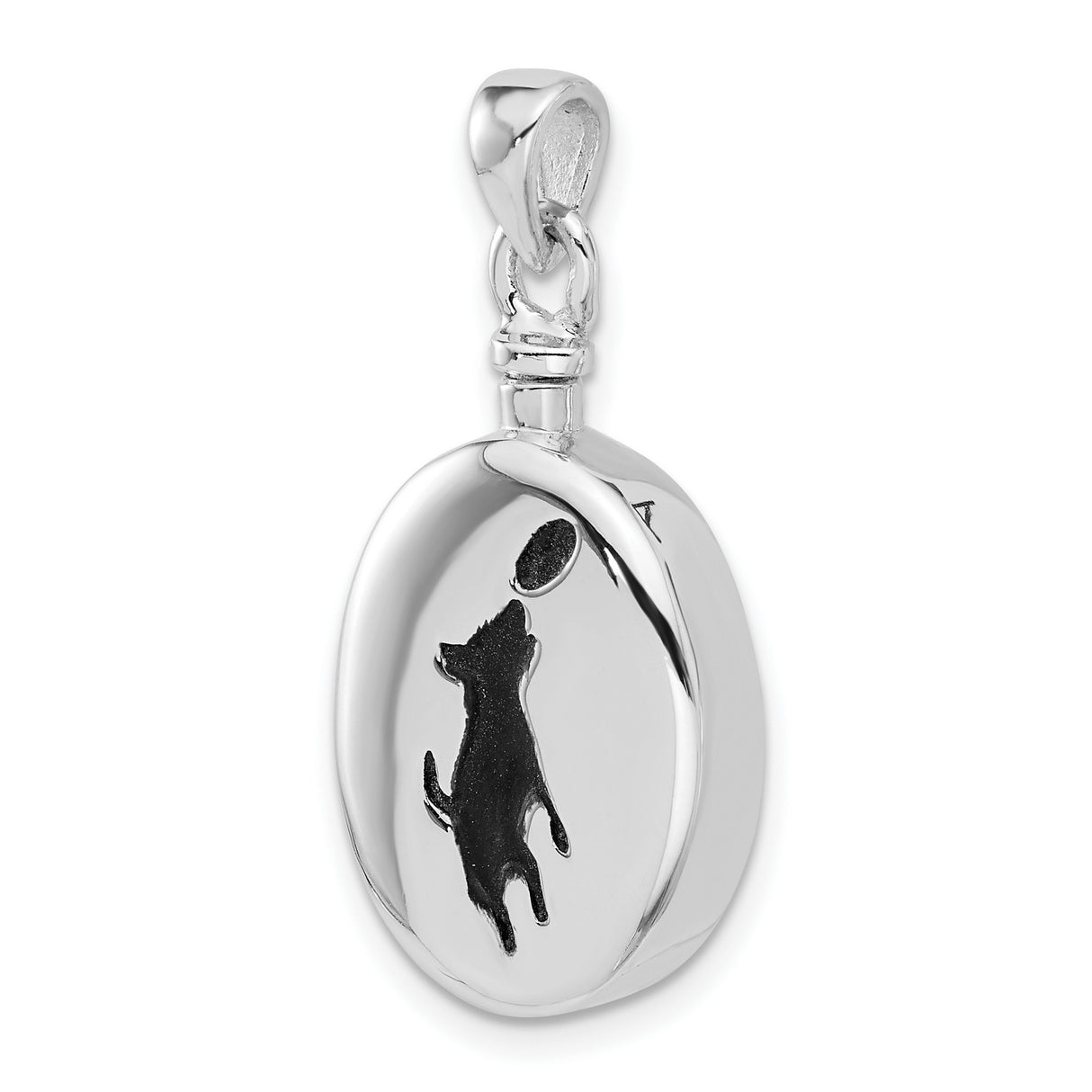 Sterling Silver Dog Pendant with Jumping Dog Silhouette and Frisbee, Pet Memorial Charm