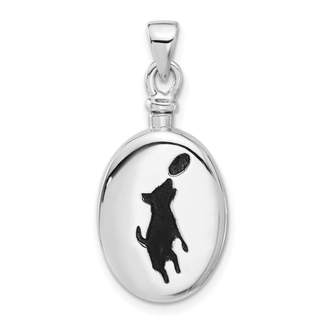 Sterling Silver Dog Pendant with Jumping Dog Silhouette and Frisbee, Pet Memorial Charm