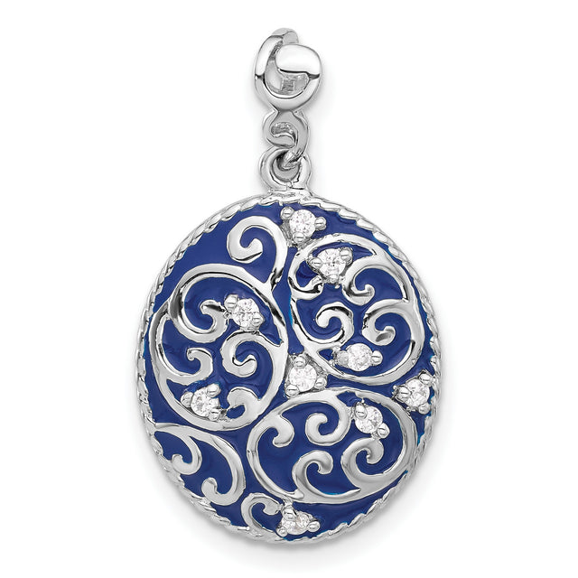 Sterling Silver Oval Pendant with Filigree Swirl Design and Cubic Zirconia Accents