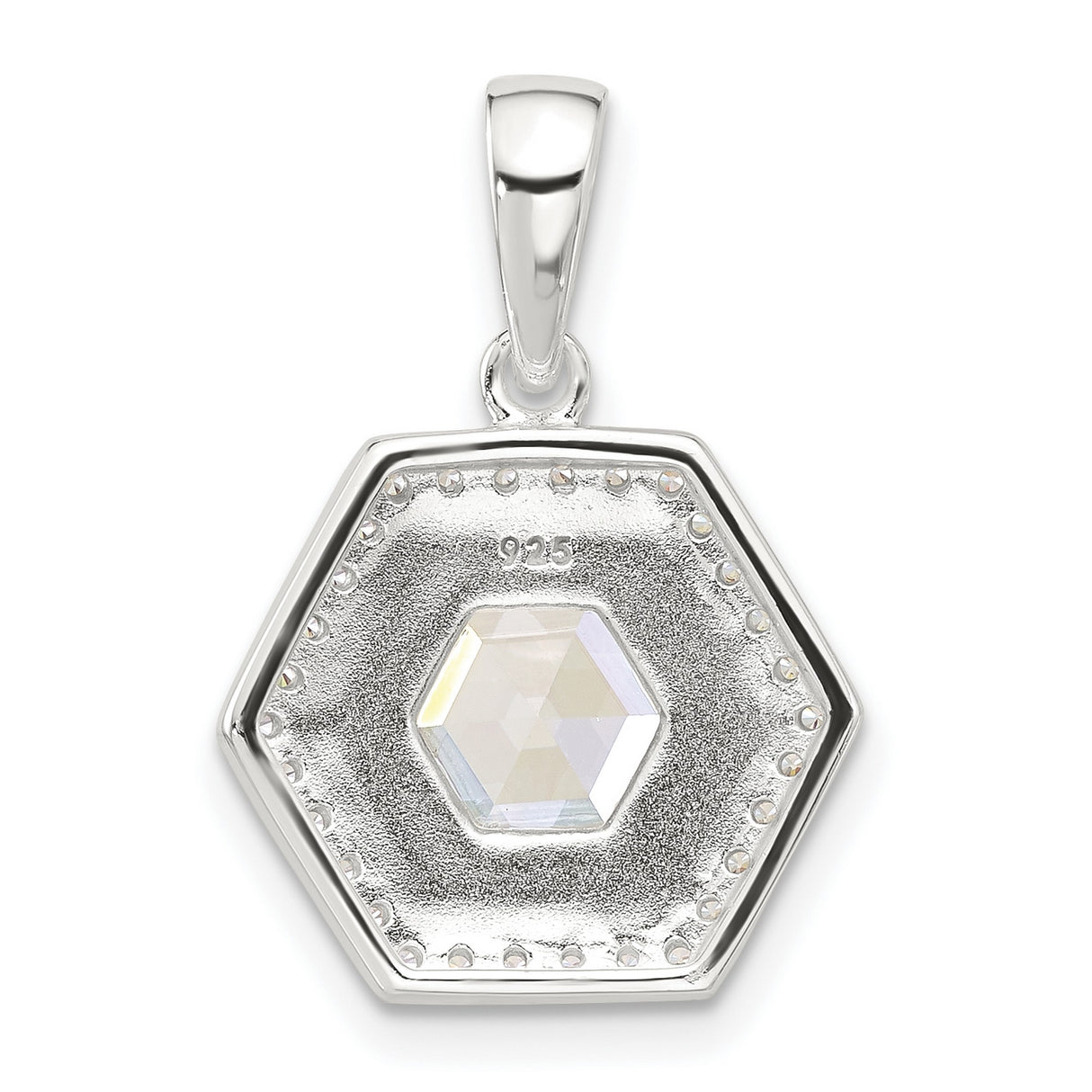Sterling Silver Hexagon Pendant with Step-Cut Cubic Zirconia and Halo Design