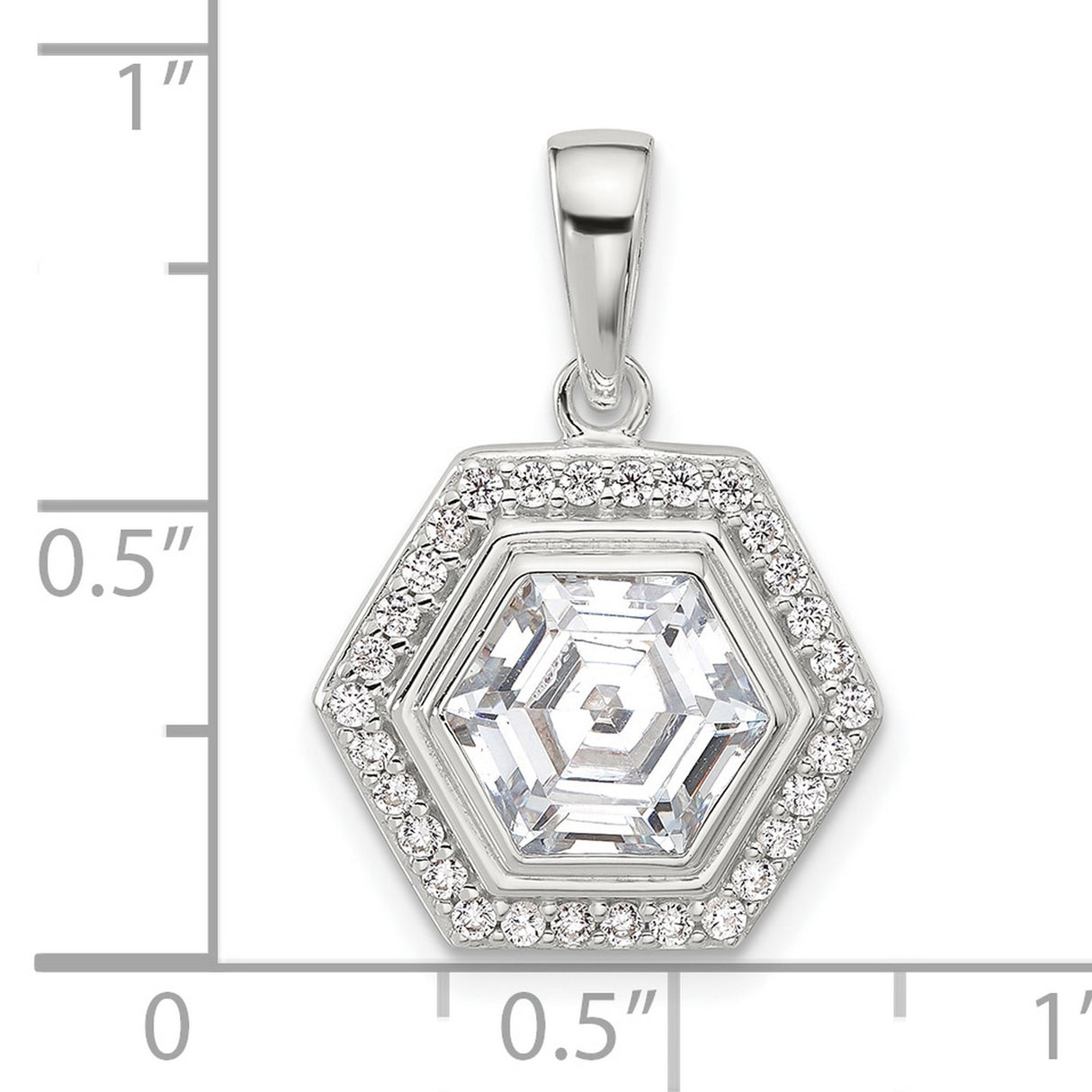 Sterling Silver Hexagon Pendant with Step-Cut Cubic Zirconia and Halo Design