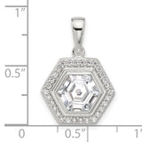 Sterling Silver Hexagon Pendant with Step-Cut Cubic Zirconia and Halo Design