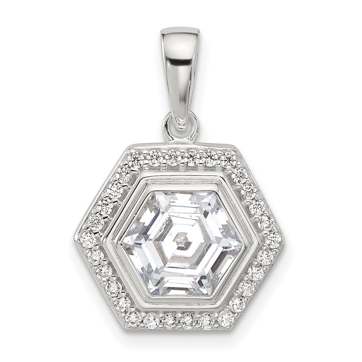 Sterling Silver Hexagon Pendant with Step-Cut Cubic Zirconia and Halo Design