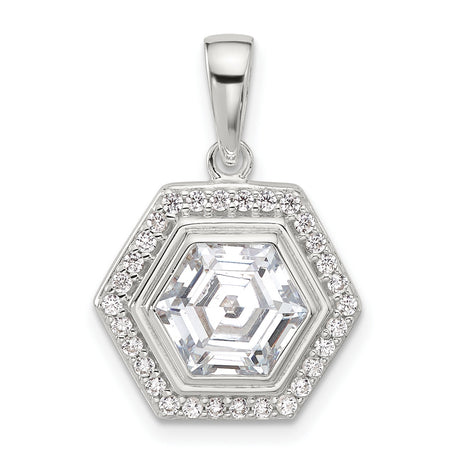 Sterling Silver Hexagon Pendant with Step-Cut Cubic Zirconia and Halo Design