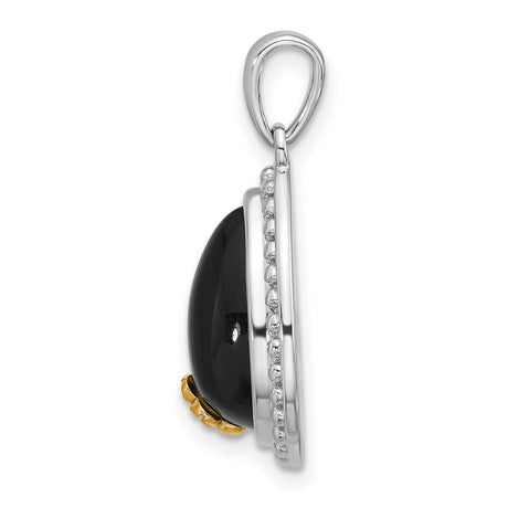 Sterling Silver Teardrop Pendant with Onyx and 14k Gold Floral Accent
