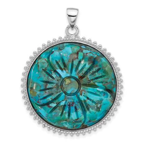 Sterling Silver Pendant with Carved Turquoise Flower Motif, Boho Floral Design