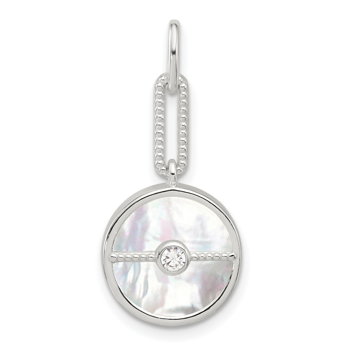 Sterling Silver Round Pendant with Mother-of-Pearl Inlay and Cubic Zirconia Accent