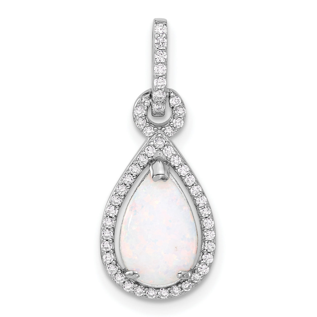 Sterling Silver Teardrop Pendant with Pear-Shaped Opal and Cubic Zirconia Halo