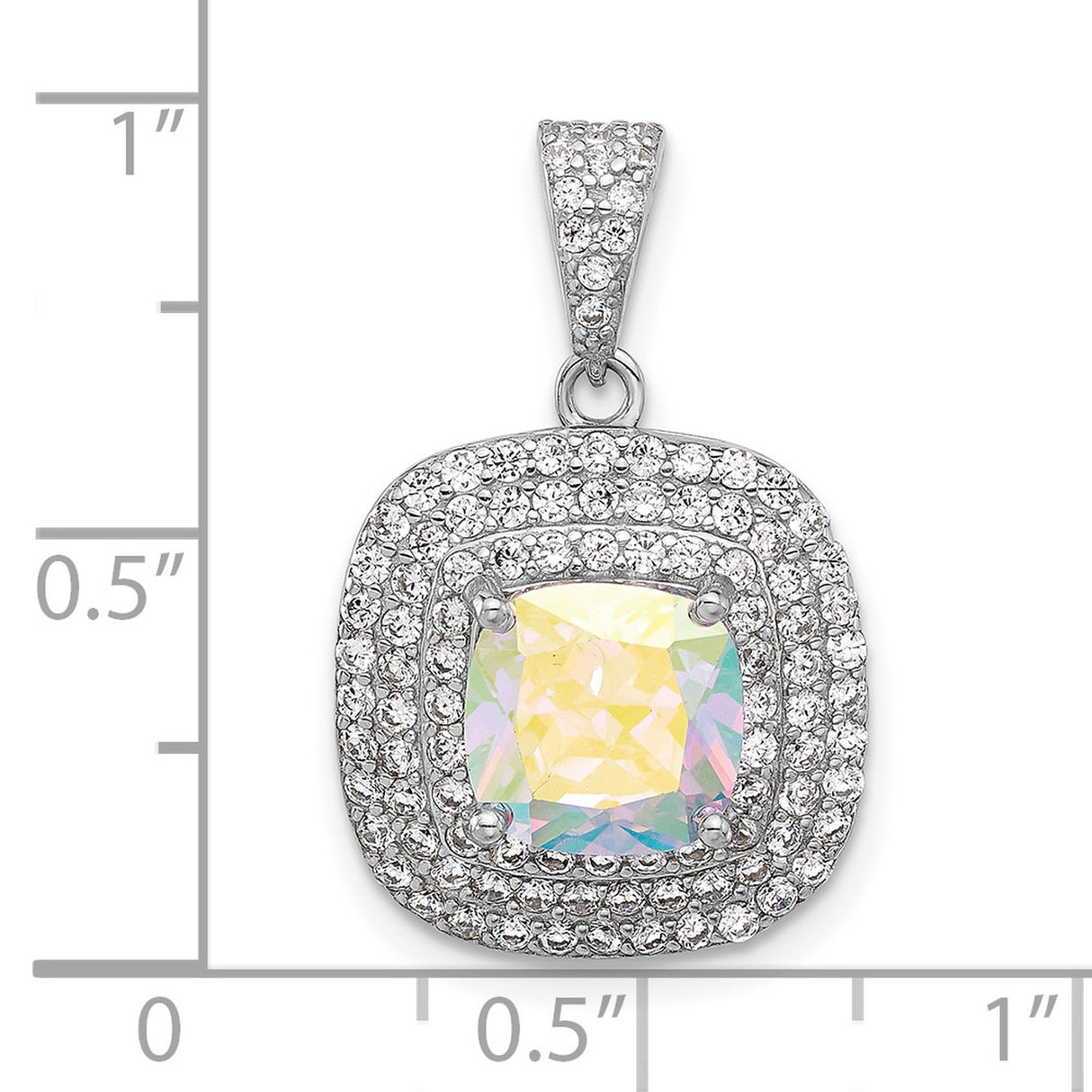 Sterling Silver Pendant with Cushion Cut Iridescent Stone and Double Halo of Cubic Zirconia