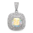 Sterling Silver Pendant with Cushion Cut Iridescent Stone and Double Halo of Cubic Zirconia