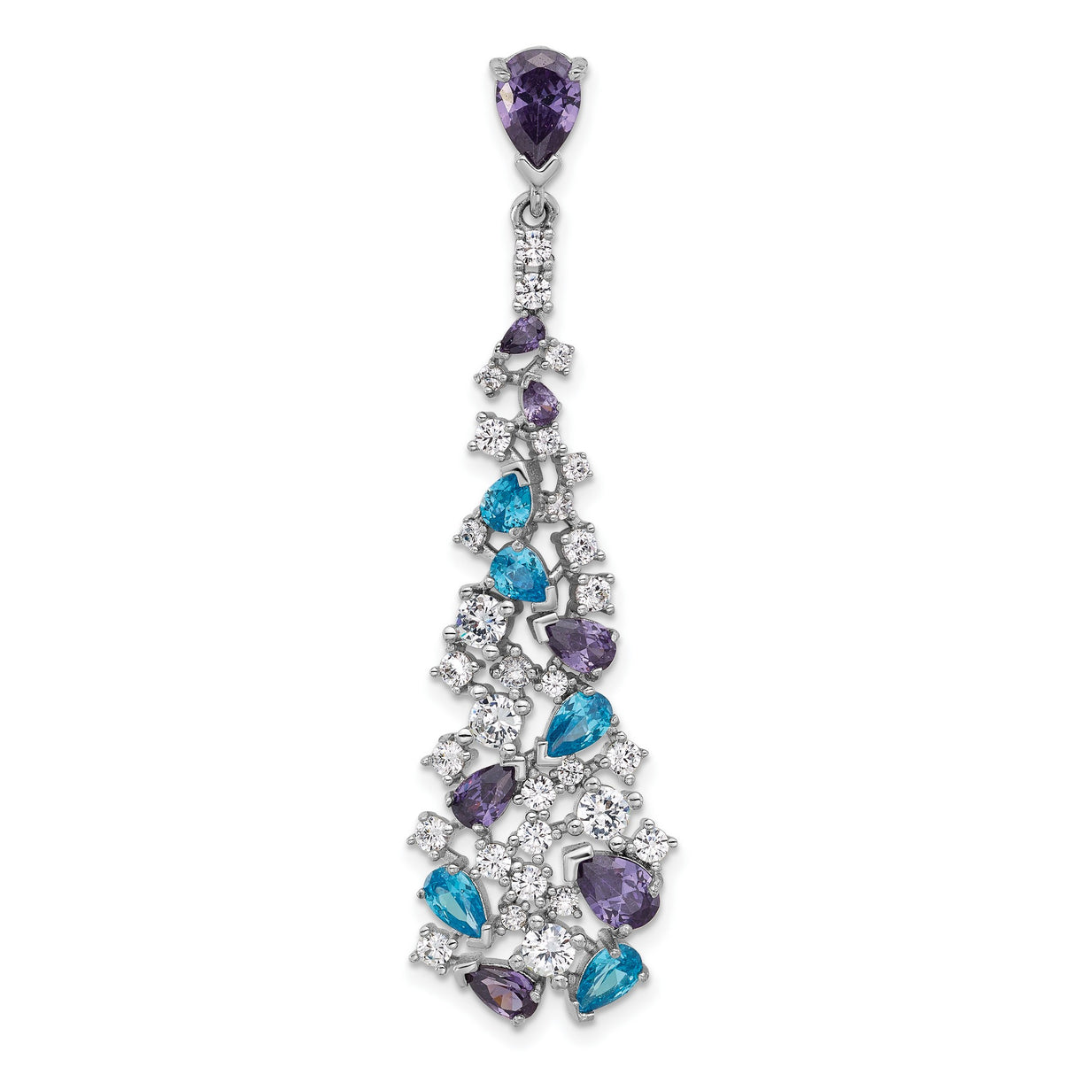 Sterling Silver Pendant with Amethyst, Blue Topaz and Cubic Zirconia, Teardrop Cascading Design