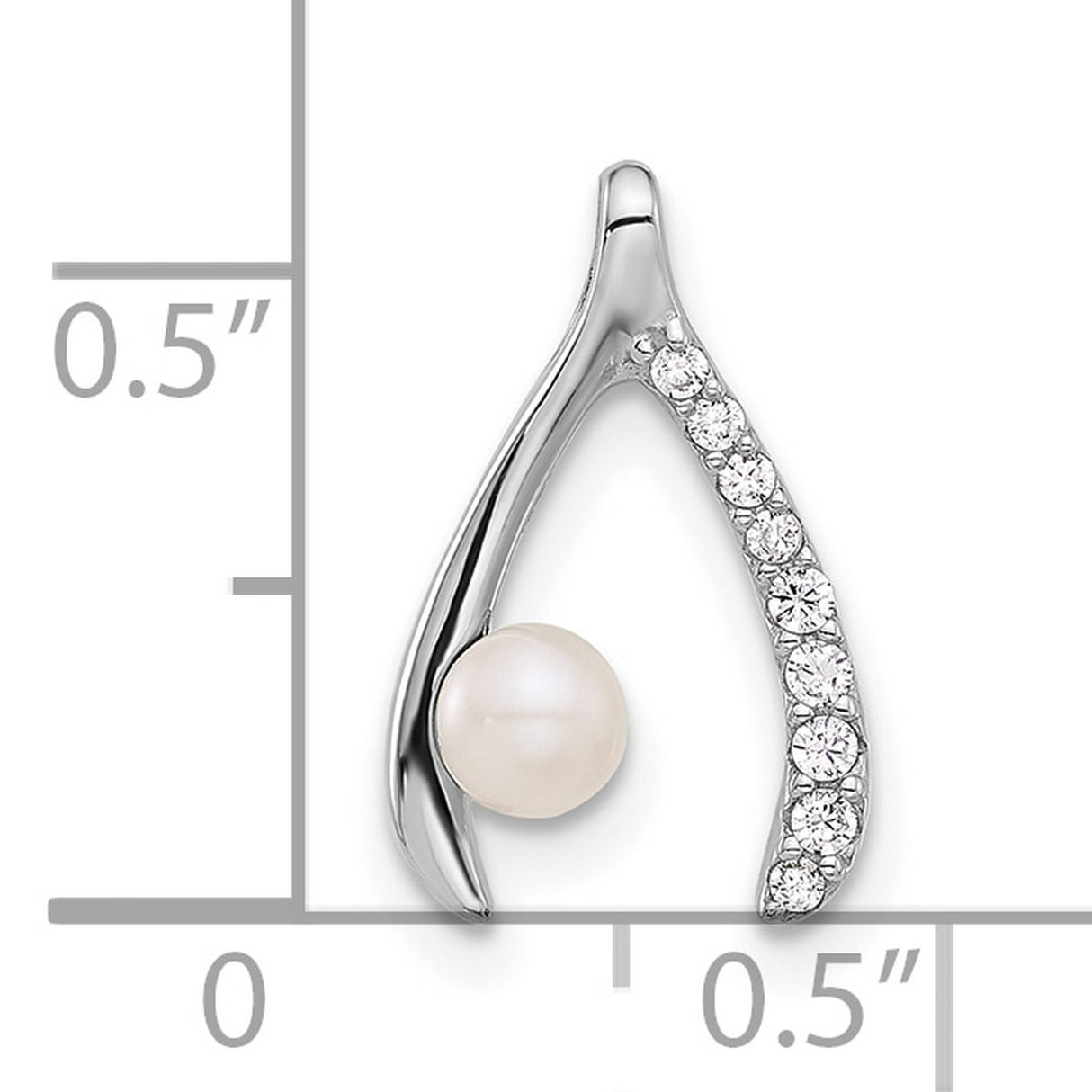 Sterling Silver Pendant with White Pearl and Cubic Zirconia, Wishbone Symbol of Hope and Luck
