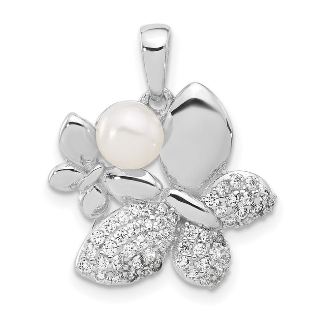 Sterling Silver Butterfly Pendant with White Cultured Pearl and Cubic Zirconia Accents