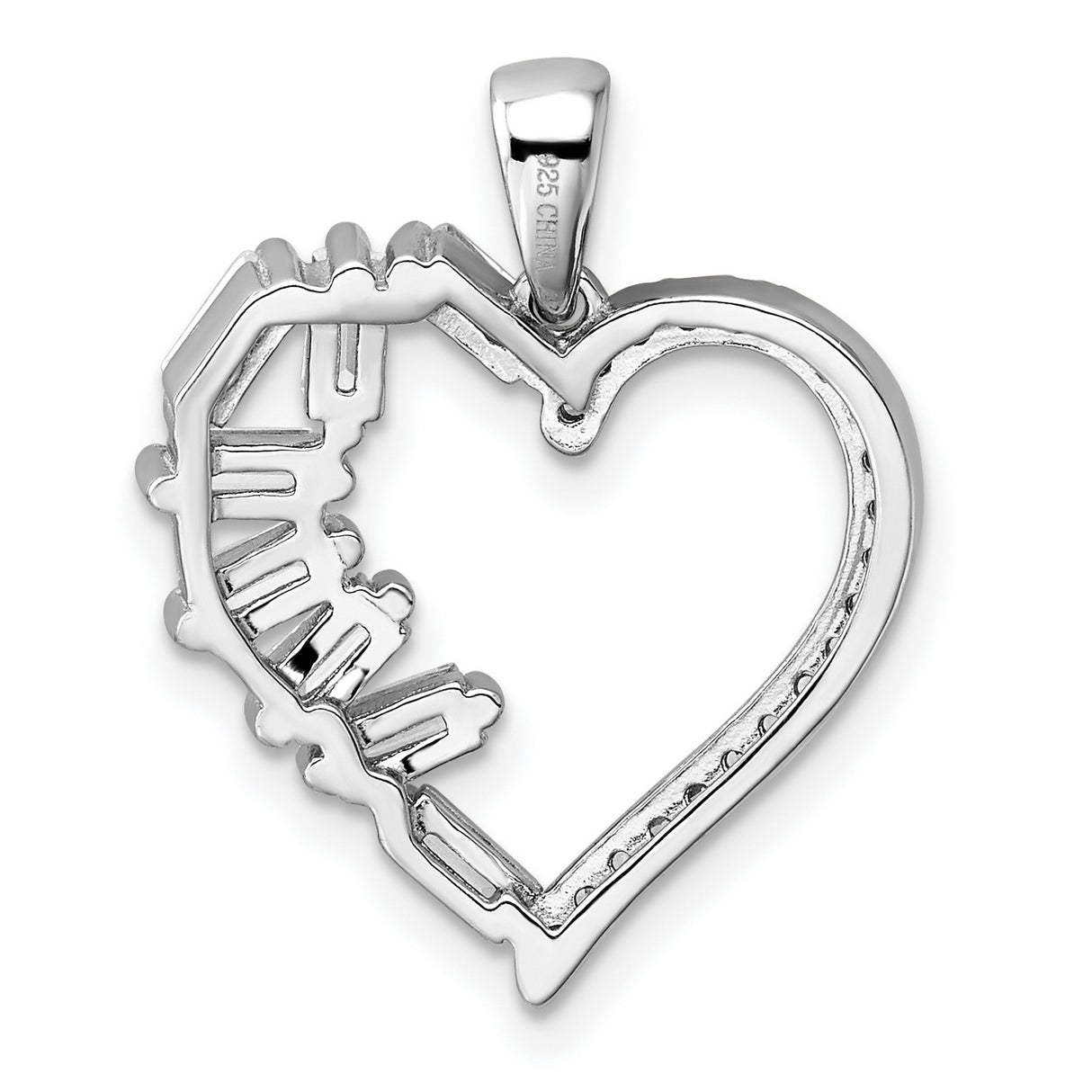 Sterling Silver Heart Pendant with Round and Baguette Cut Cubic Zirconia Stones