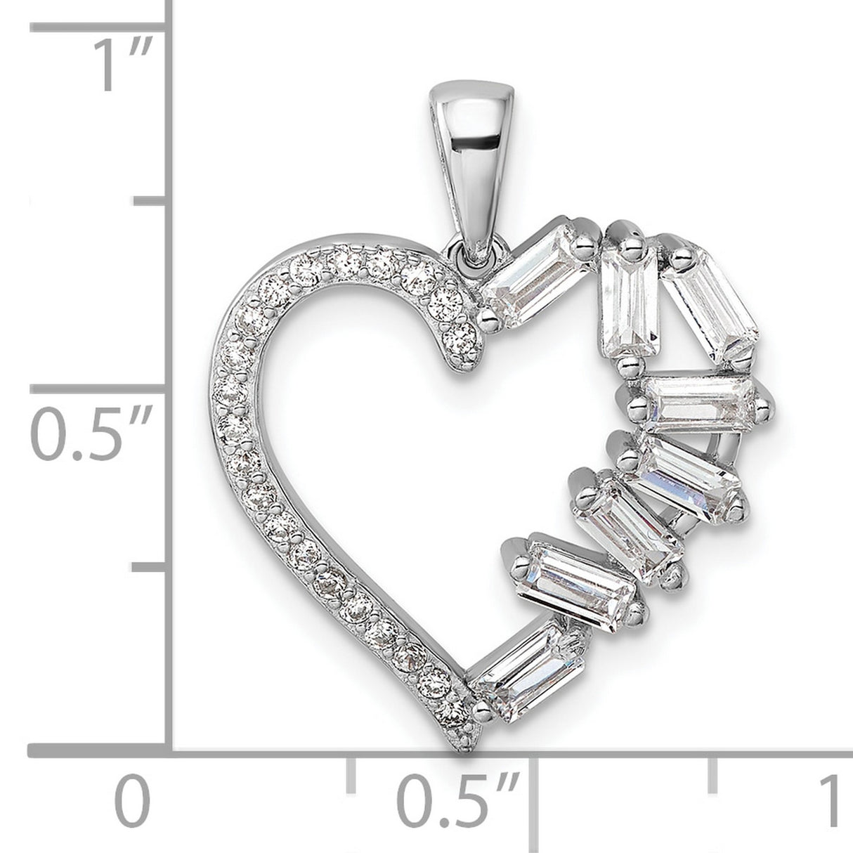 Sterling Silver Heart Pendant with Round and Baguette Cut Cubic Zirconia Stones