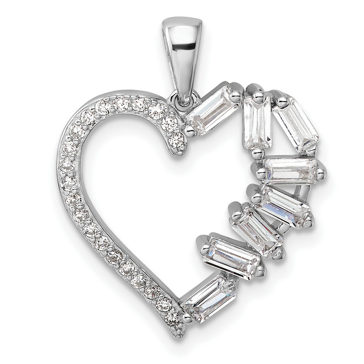 Sterling Silver Heart Pendant with Round and Baguette Cut Cubic Zirconia Stones