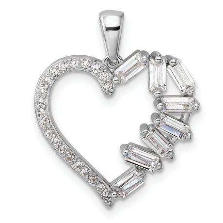 Sterling Silver Heart Pendant with Round and Baguette Cut Cubic Zirconia Stones