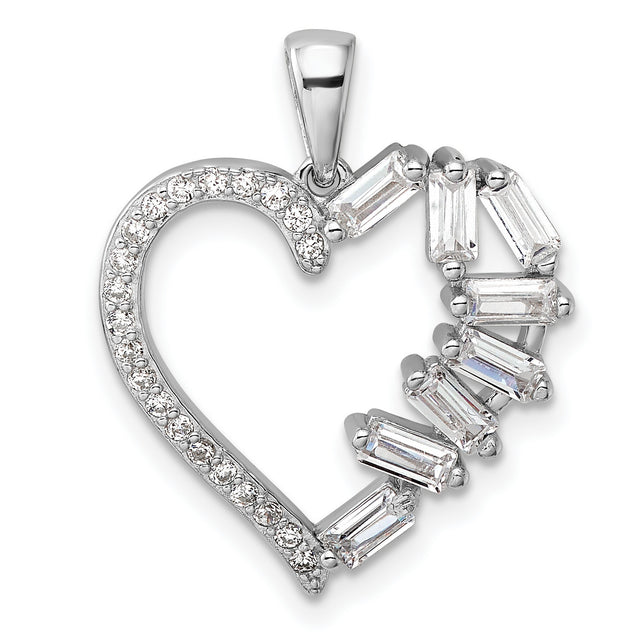 Sterling Silver Heart Pendant with Round and Baguette Cut Cubic Zirconia Stones