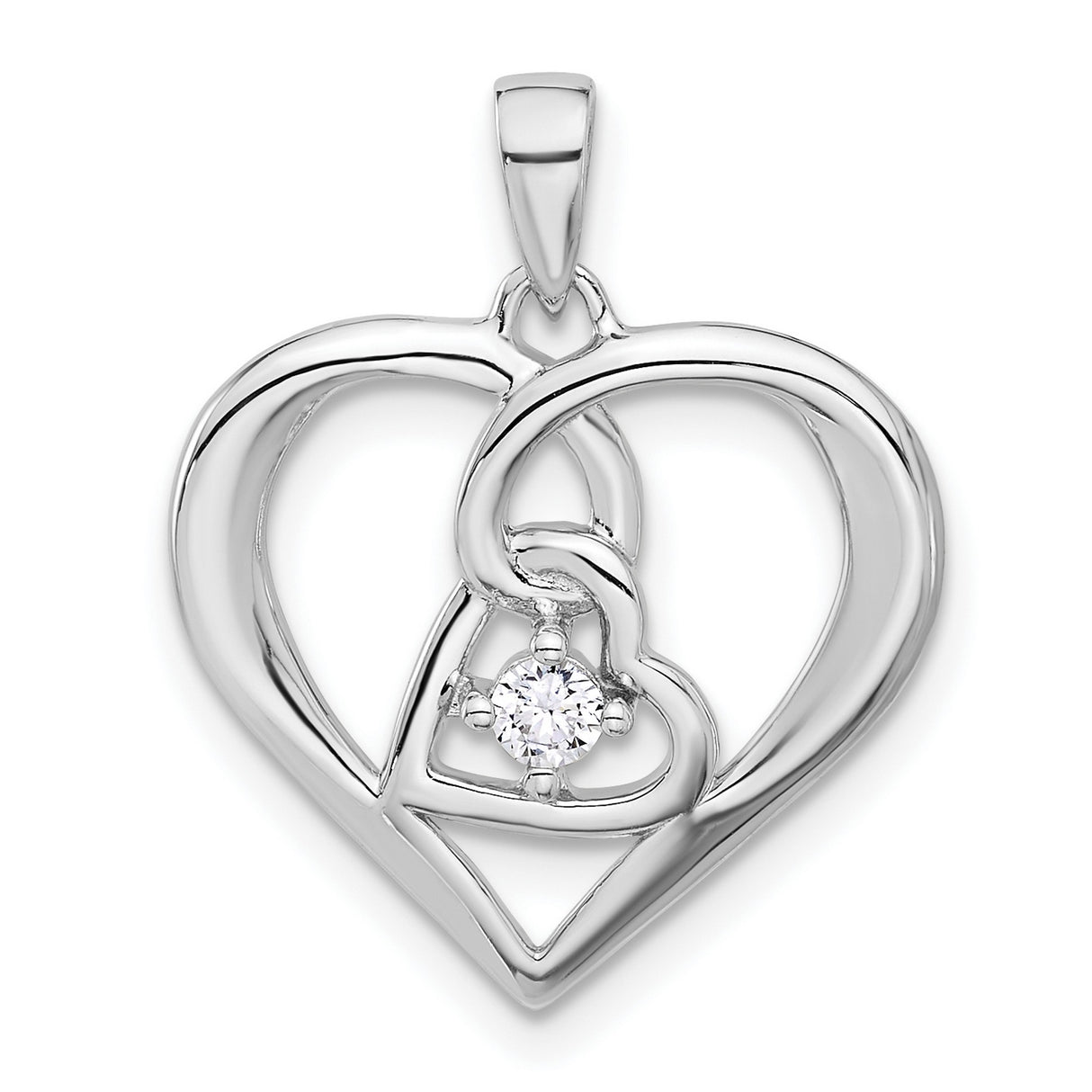 Polished CZ Open Double Heart Charm Pendant in Real 925 Sterling Silver