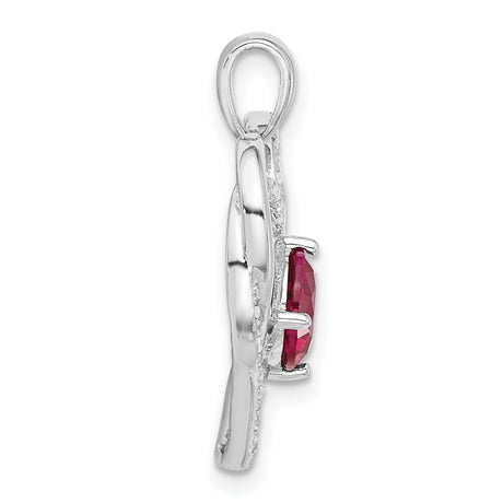 Sterling Silver Heart Pendant with Red Gemstone and Cubic Zirconia Accents, Double Open Heart Design