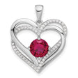 Sterling Silver Heart Pendant with Red Gemstone and Cubic Zirconia Accents, Double Open Heart Design