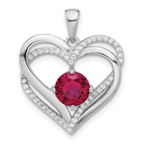 Sterling Silver Heart Pendant with Red Gemstone and Cubic Zirconia Accents, Double Open Heart Design