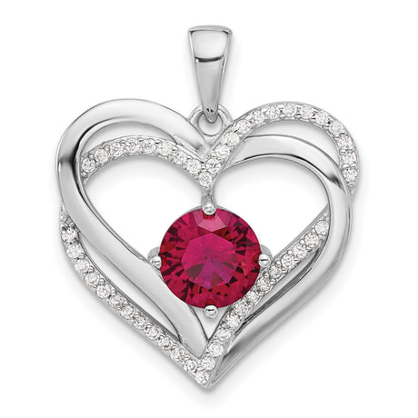 Sterling Silver Heart Pendant with Red Gemstone and Cubic Zirconia Accents, Double Open Heart Design