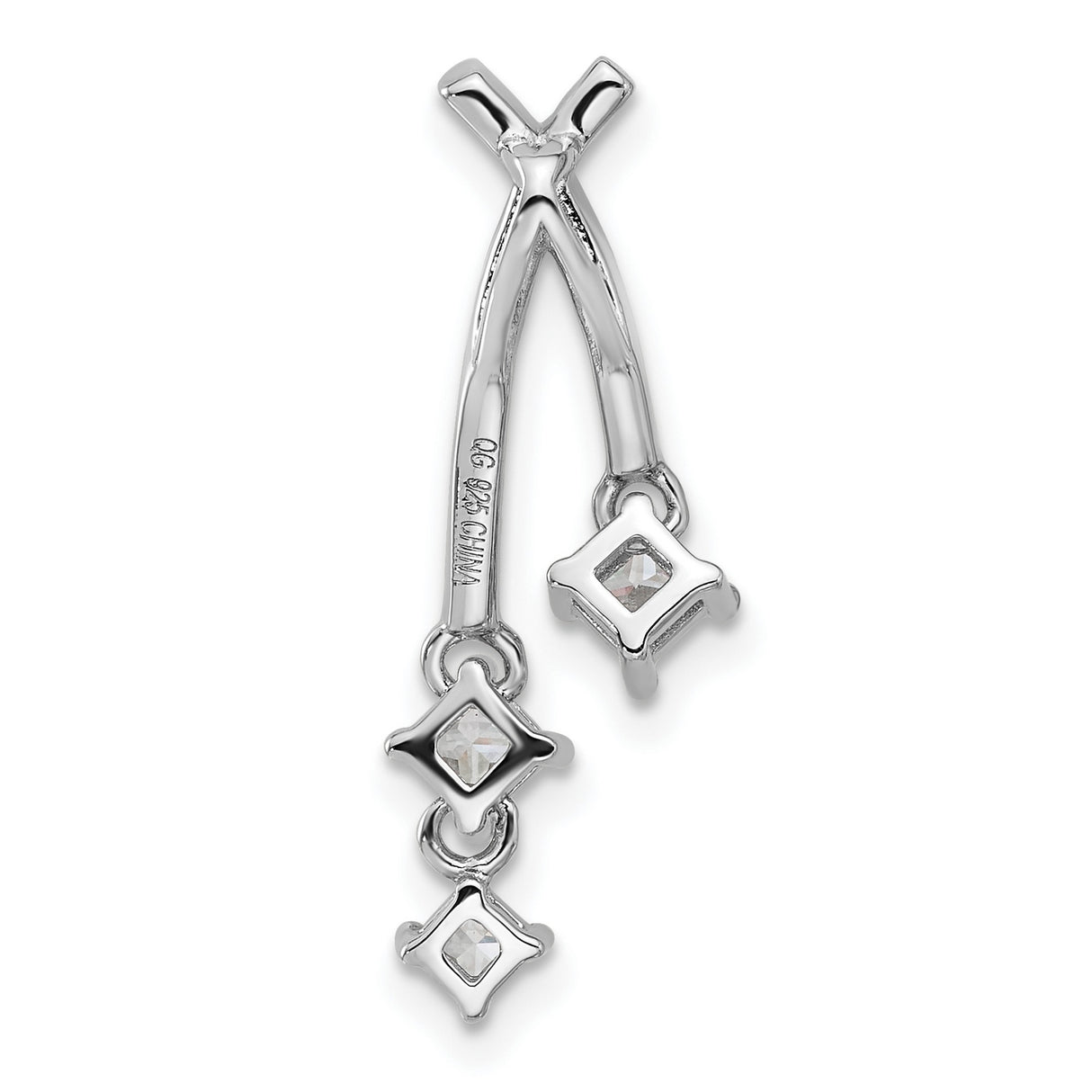 Sterling Silver Dangle Pendant with Three Square Cubic Zirconia, Curved Pavé Setting