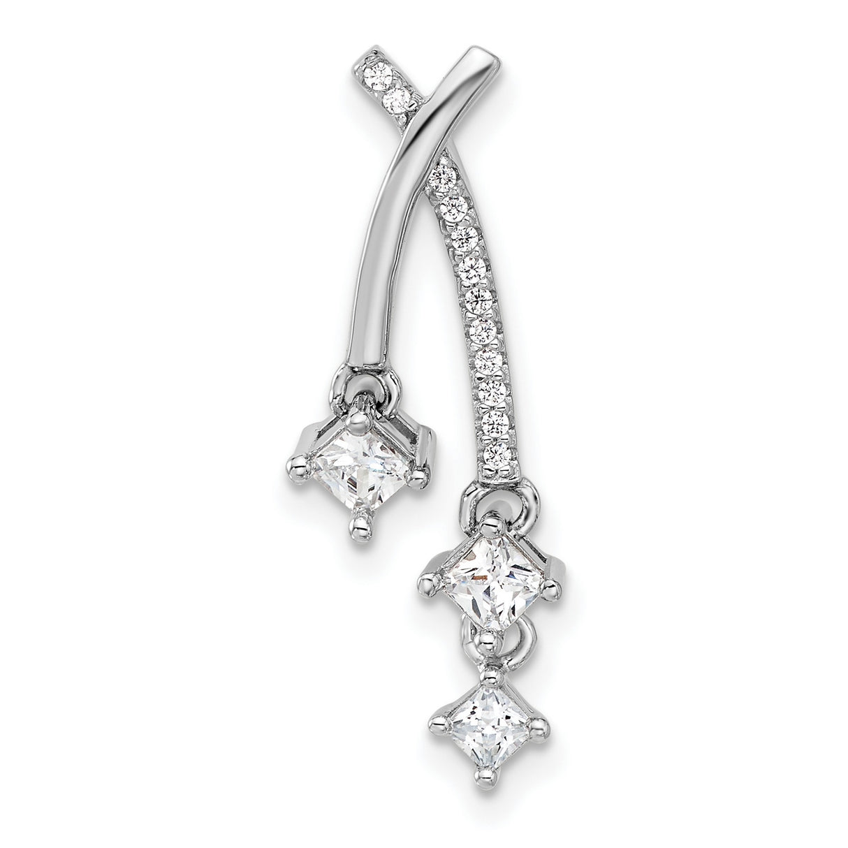 Sterling Silver Dangle Pendant with Three Square Cubic Zirconia, Curved Pavé Setting