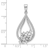 Sterling Silver Teardrop Pendant with Cubic Zirconia, Double Open Frame and Floral Cluster Design