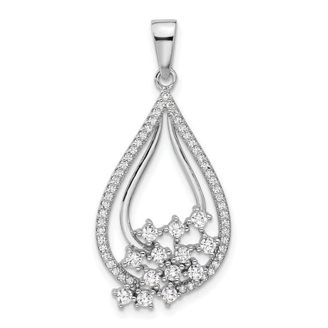 Sterling Silver Teardrop Pendant with Cubic Zirconia, Double Open Frame and Floral Cluster Design