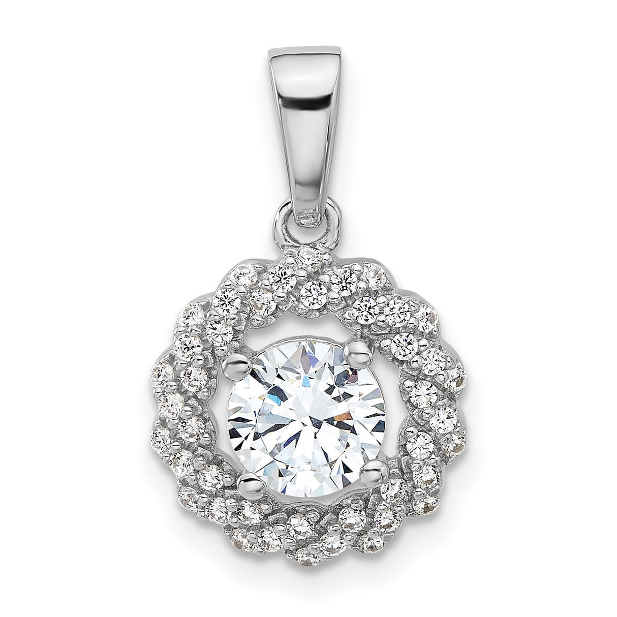 Sterling Silver Pendant with Round Cubic Zirconia, Twisted Halo and Pavé Design