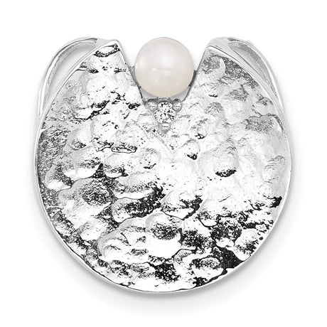 Sterling Silver Disc Pendant with White Pearl and Cubic Zirconia, Hammered Texture, Modern Design
