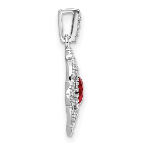 Sterling Silver Floral Pendant with Round Red Cubic Zirconia and Clear Accents