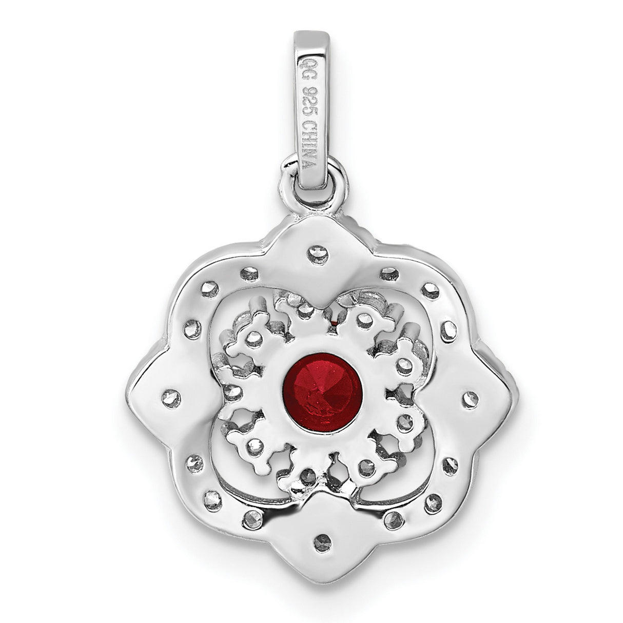 Sterling Silver Floral Pendant with Round Red Cubic Zirconia and Clear Accents