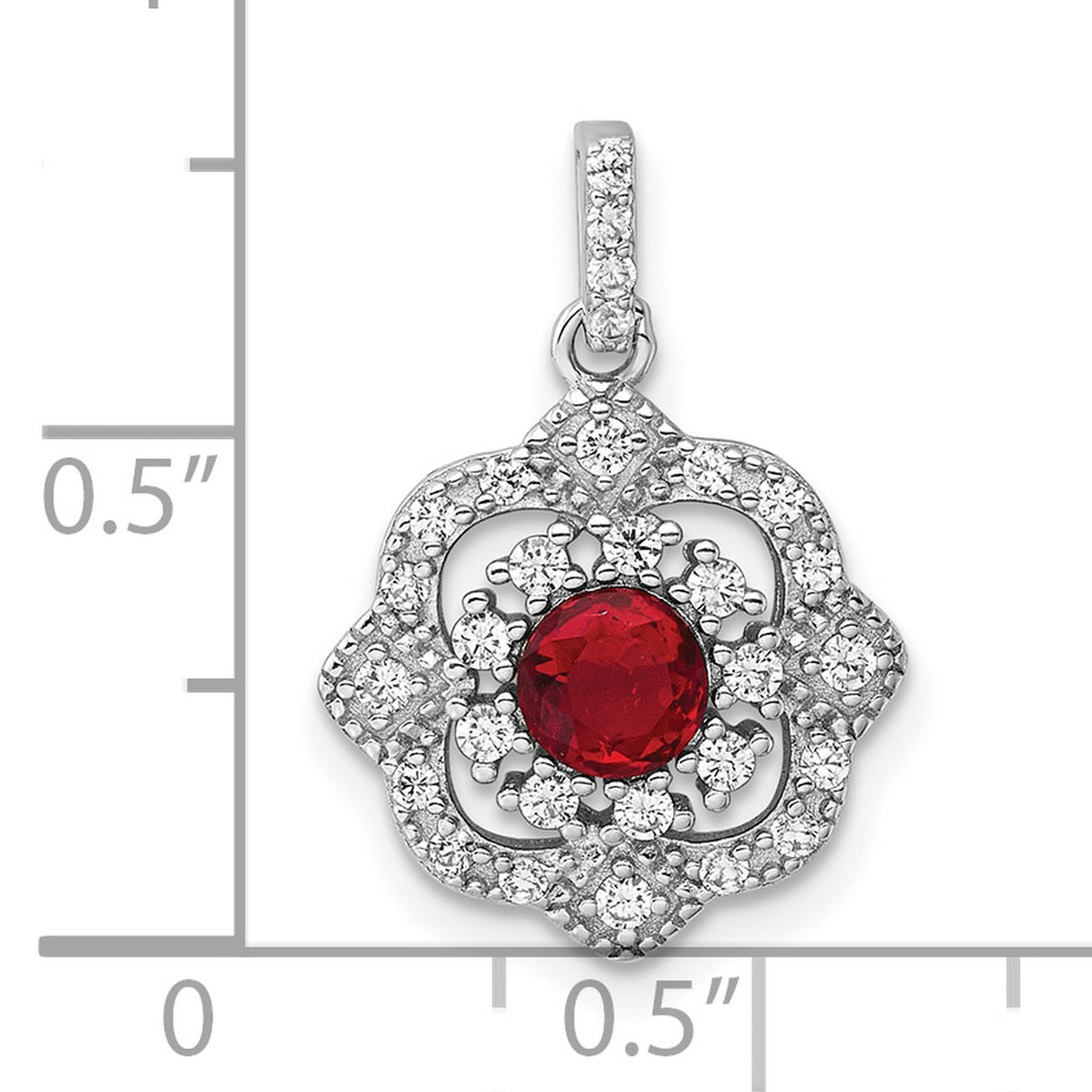 Sterling Silver Floral Pendant with Round Red Cubic Zirconia and Clear Accents
