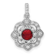 Sterling Silver Floral Pendant with Round Red Cubic Zirconia and Clear Accents