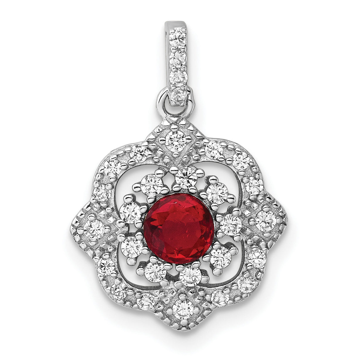 Sterling Silver Floral Pendant with Round Red Cubic Zirconia and Clear Accents