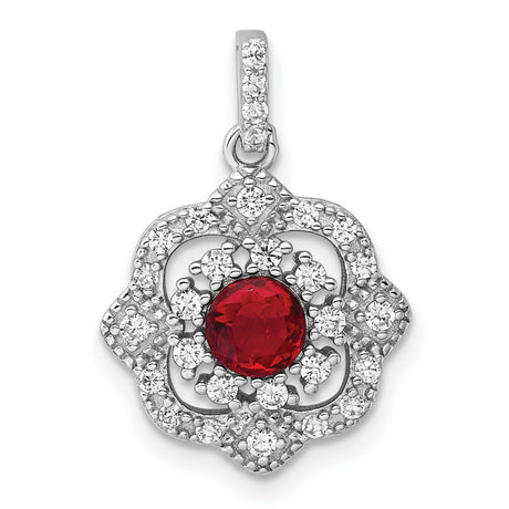 Sterling Silver Floral Pendant with Round Red Cubic Zirconia and Clear Accents