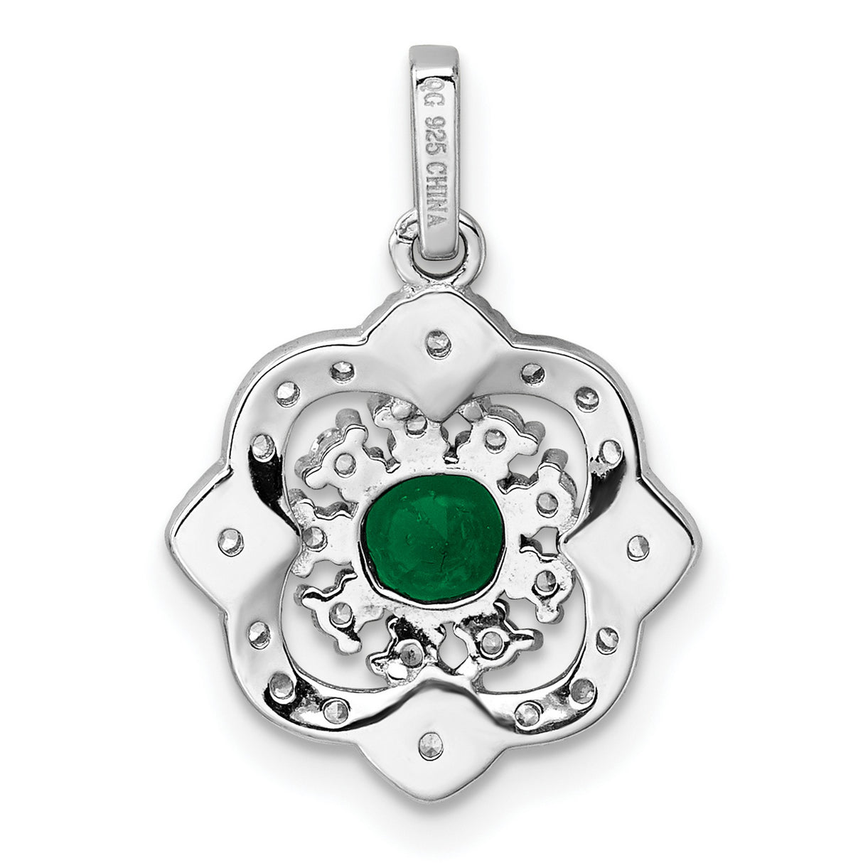 Sterling Silver Floral Pendant with Green Gemstone Center and Cubic Zirconia Accents