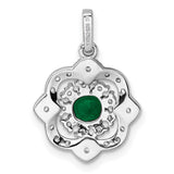 Sterling Silver Floral Pendant with Green Gemstone Center and Cubic Zirconia Accents